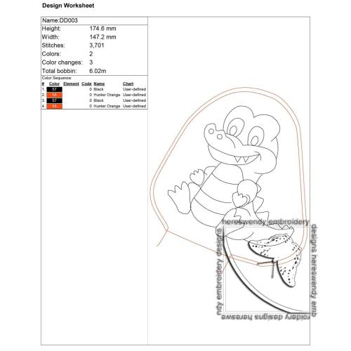 Information for DD003 smiling crocodile cuddly  colouring in stuffie machine embroidery design