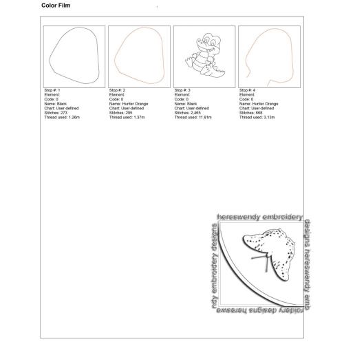 Colour chart and stitching order for DD003 smiling crocodile cuddly  colouring in stuffie machine embroidery design