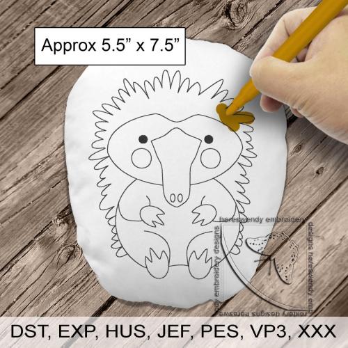 Cute echidna colouring stuffie ITH machine embroidery design with child's hand colouring it in and label saying size is approximately 5.5" x 7.5"  available in 7 formats