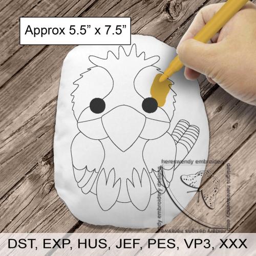Cute kookaburra colouring stuffie ITH machine embroidery design with child's hand colouring it in and label saying it is approximately 5.5" x 7.5" and supplied in 7 formats