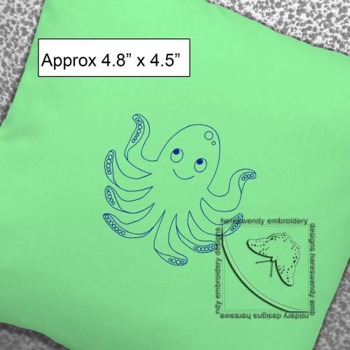 Happy Octopus Vintage Style ITH machine embroidery design with label saying approximately 4.8" x 4.5"