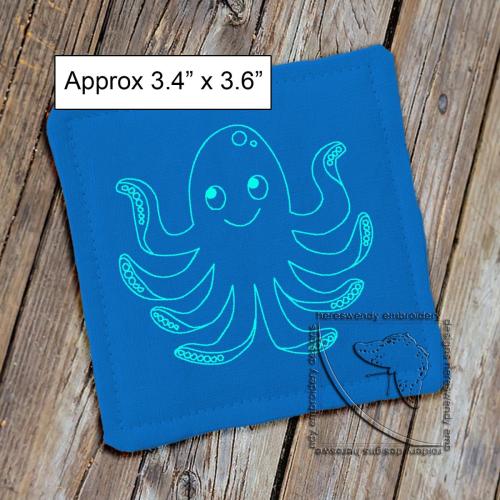 Happy Octopus Vintage Style ITH machine embroidery design with label saying approximately 3.4" x 3.5"