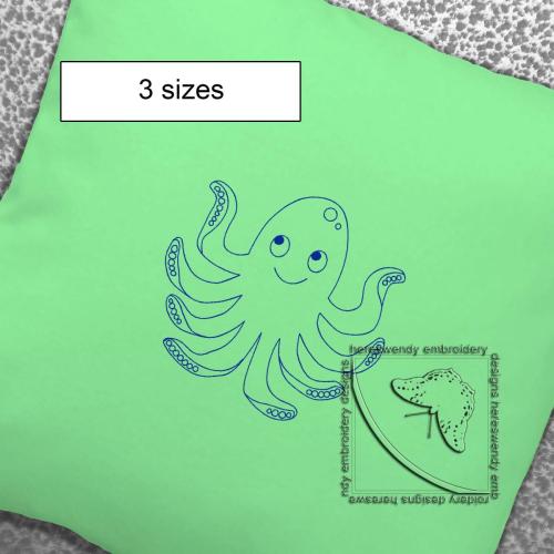 Happy Octopus Vintage Style ITH machine embroidery design with label saying available 3 sizes