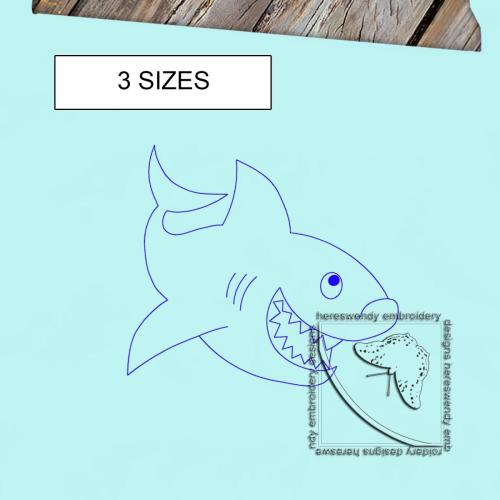 Smiling shark Vintage Style ITH machine embroidery design with label saying available in 3 sizes